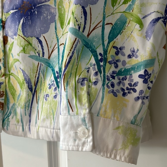 VTG Watercolor Floral Print White Cotton Twill/Sailcloth Jacket w Pockets - Picture 6 of 11